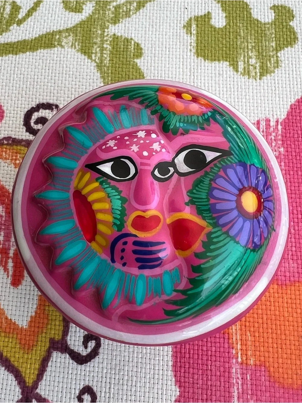 Mexican Pottery Folk Art Sun Moon Celestial Hand Painted Terra Cotta Trinket Box
